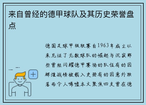 来自曾经的德甲球队及其历史荣誉盘点